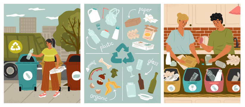 People sort trash for recycle concept vector posters set. Family separate grabage  in different waste bin. Plastic bottle, organic waste, paper, glass
