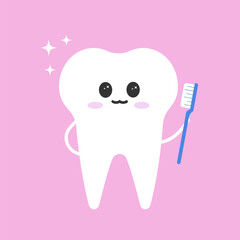 Cute clean tooth with toothbrush Tooth character White tooth vector illustration happy and smile. Denistry character super tooth, ideal and clean tooth for children's dentistry