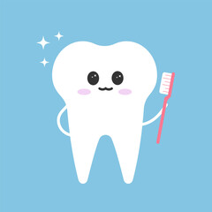 Cute clean tooth with toothbrush character White tooth vector illustration happy and smile. Denistry character super tooth, ideal and clean tooth for children's dentistry. Tooth icon logo illustration