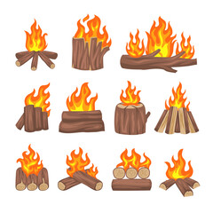 Wood campfire set, travel and camp burning adventure symbol. Fiery flames, Fire bonfire illustration.
