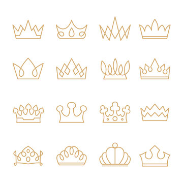 Set of crown line icon, monogram outline style, Vector heraldic elements design. Luxury collection of symbols of leadership, success, power and riches or wealth.