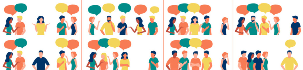 Communication, people talk in group, team work together. Social networking, chat, discussion. Respectful attitude and indifferent relationship. Discrimination, indifference to teammate. Vector - obrazy, fototapety, plakaty