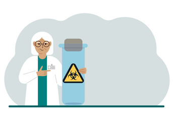 A old female doctor or scientist is holding a test tube with a biohazard or virus warning label on it. Biological hazard.
