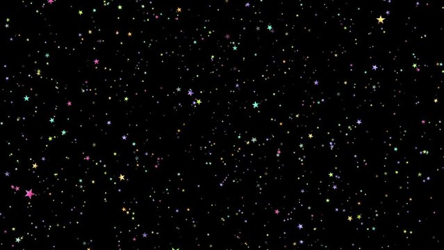 Flying colorful graphical stars. Black motion background. Party overlay. Isolated cartoon Stars. Loop. 23,98 fps