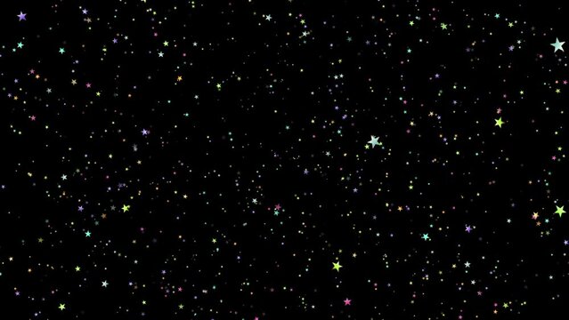 Flying colorful graphical stars. Black motion background. Party overlay. Isolated cartoon Stars. Loop. 59,94 fps