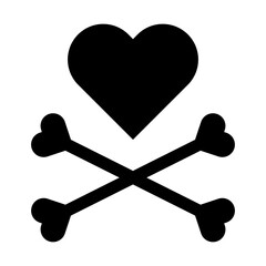 Heart with crossbones black icon. Element for design for holiday Valentine's Day. Vector illustration isolated on white background.
