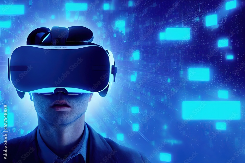 Poster Man using VR headset for business operations via internet