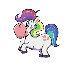 Vector children's drawing, hand-drawn on a white isolated background, funny unicorn for banners, postcards, stickers