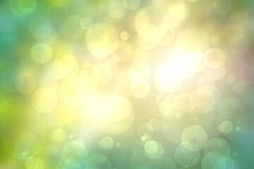 Abstract gradient light blue turquoise yellow green shiny blurred background texture with circular bokeh lights. Beautiful fresh backdrop. Space for design.