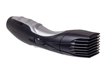 Close-up of a new black silver rechargeable beard and hair clipper isolated on a white background....