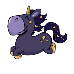 Vector children's drawing, hand-drawn on a white isolated background, funny unicorn for banners, postcards, stickers