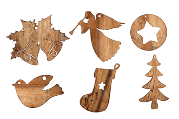 Set of christmas wood decorations isolate for design, xmas ornament. vintage styles