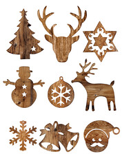 Set of christmas wood decorations isolate for design. vintage styles