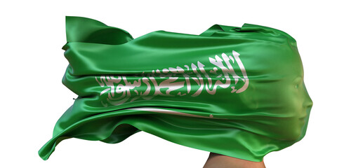 Nationalflagge von Saudi Arabien weht über dem Gesicht einer Frau (Frauenrechte, Gleichberechtigung, Menschenrechte, Suverenität)
