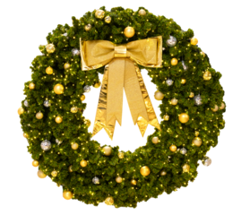 Christmas Wreath with gold ribbon bow isolate for design