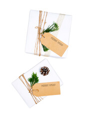 Christmas present gift boxes collection with tag for mock up template design. View from above.