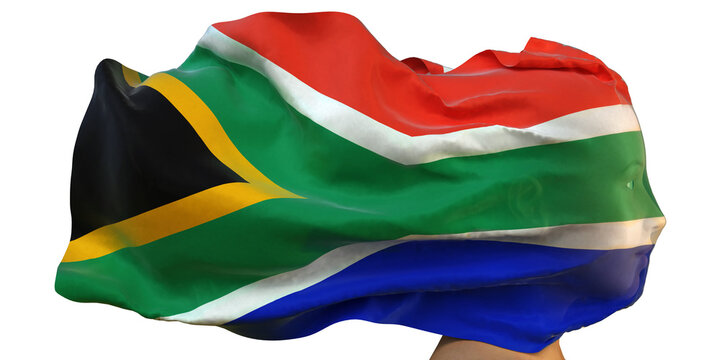 Nationalflagge von Südafrika weht über dem Gesicht einer Frau (Frauenrechte, Gleichberechtigung, Menschenrechte, Suverenität)