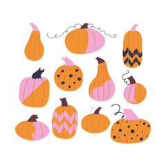 Set of funny hand drawn Halloween pumpkins of different shapes and sizes.Clipart illustrations of autumn vegetables for Holiday season. Great for photo overlay, printable party decoration elements