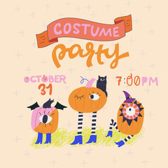 Halloween invitation card with handwritten text and traditional symbols. Hand lettering Costume Party and funny pumpkins with eyes in witch clothes. Autumn holiday inscription