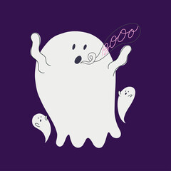 Spooky cartoon halloween ghosts with speech bubble and Boo inscription, isolated on purple background. Hand drawn childish illustration.
