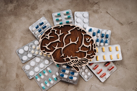 Brain with pills, top view. Mental health concept