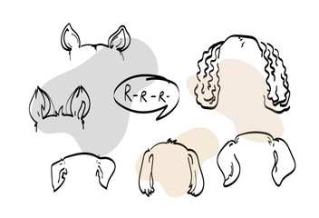 Pet  dog Ears set Outline Drawing doodle sketch vector icon illustration.