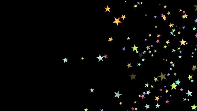 Colorful cartoon stars floating to the right. Black background. Overlay. Abstract stars for party, birthday. 23,98 fps