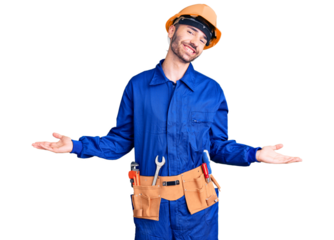 Young hispanic man wearing worker uniform smiling showing both hands open palms, presenting and advertising comparison and balance