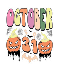 Groovy style Halloween typography t-shirt design, vintage typography t-shirt design, retro Halloween t-shirt design, groovy t-shirt design.