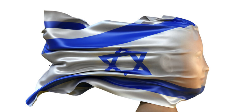 Nationalflagge von Israel weht über dem Gesicht einer Frau (Frauenrechte, Gleichberechtigung, Menschenrechte, Suverenität)