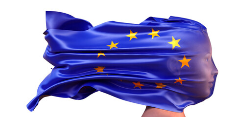 Flagge der Europäischen Gemeinschaft weht über dem Gesicht einer Frau (Frauenrechte, Gleichberechtigung, Menschenrechte, Suverenität)