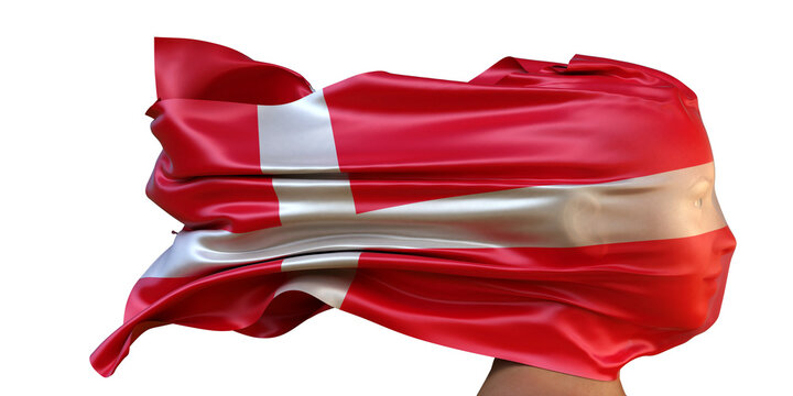 Nationalflagge von Dänemark weht über dem Gesicht einer Frau (Frauenrechte, Gleichberechtigung, Menschenrechte, Suverenität)