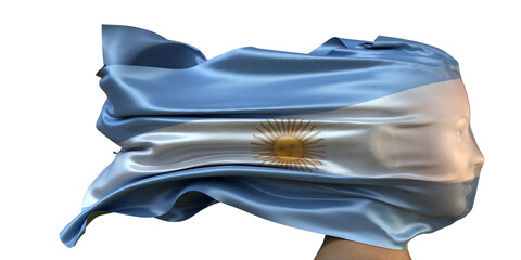 Nationalflagge von Argentinien weht über dem Gesicht einer Frau (Frauenrechte, Gleichberechtigung, Menschenrechte, Suverenität)