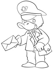 Postman duck. Element for coloring page. Cartoon style.