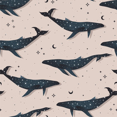 Magical seamless pattern with whales, stars, crescents. Vector beautiful background with whales. Can be used for fabric, wallpaper, textile.