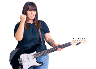 Young plus size woman playing electric guitar annoyed and frustrated shouting with anger, yelling crazy with anger and hand raised