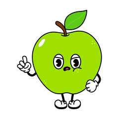 Cute funny angry sad green apple character. Vector hand drawn traditional cartoon vintage, retro, kawaii character illustration icon. Isolated on white background. Cry green apple character concept
