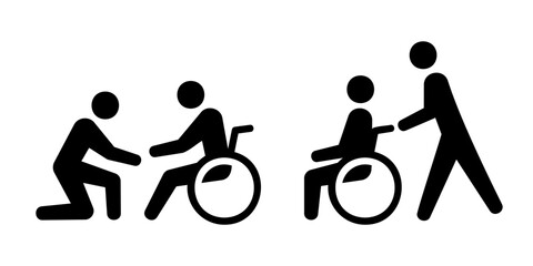 車椅子を押し障害のある患者をサポートする看護師のベクターアイコン素材セット白黒