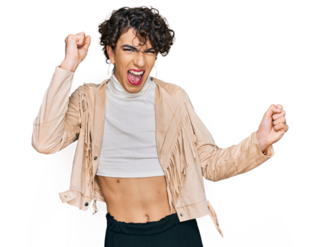 Handsome man wearing make up and woman clothes dancing happy and cheerful, smiling moving casual and confident listening to music