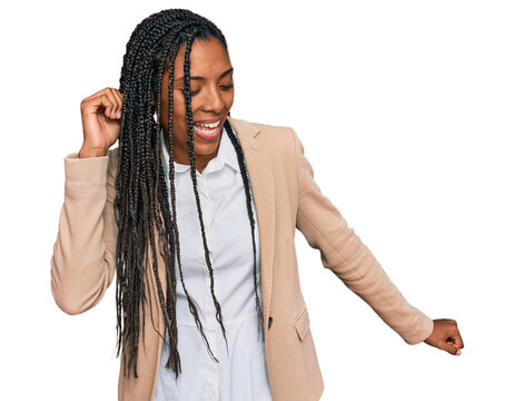 African American Woman Wearing Business Jacket Dancing Happy And Cheerful, Smiling Moving Casual And Confident Listening To Music