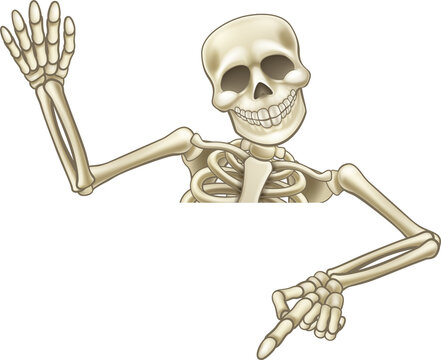 Pointing and Waving Cartoon Skeleton