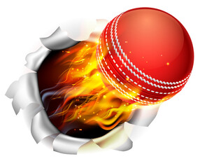 Fototapeta Flaming Cricket Ball Tearing a Hole in the Background obraz
