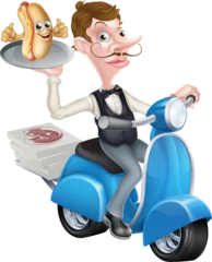 Foto op Plexiglas Cartoon Butler on Scooter Moped Delivering Hot Dog © Christos Georghiou