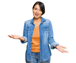 Young beautiful hispanic woman with short hair wearing casual denim jacket smiling cheerful with open arms as friendly welcome, positive and confident greetings