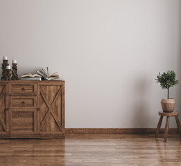 Farmhouse living room interior background, wall mockup, 3d render © artjafara