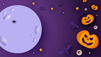 Happy Halloween banner or party invitation background with moon, bats and funny pumpkins in paper cut style. Full moon in the sky, spider webs and stars. Place for text