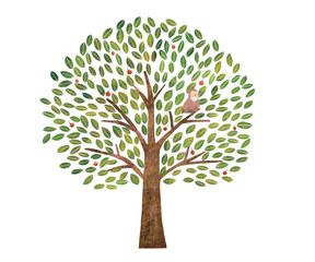 Fototapeta premium 手描きの赤い実のある北欧風大きな木とフクロウーエコのイメージのイラスト白バック素材