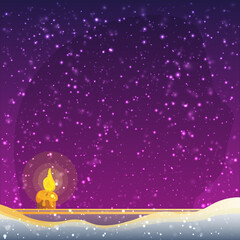 A candle is burning in the snowy window. Snowflakes and blank window frame template. Ready template for works such as posters, banners, advertisements. Snowy window vector illustration.