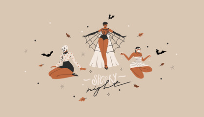 Hand drawn abstract vector graphic clipart illustrations,Halloween holiday costume party adult people characters collection set.Creepy Halloween design poster concept.Happy Halloween contemporary art.