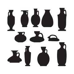 Silhouette sketch et of ceramic vases. Ancient Greek, Roman jar with two handles and a narrow neck. Vintage amphora, trophy, pots, cups black isolated on white background vector illustration graphic